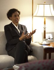 Kansas University Chancellor Bernadette Gray-Little talks with the Lawrence Journal-World on Monday, Dec. 12, 2011 in her office at Strong Hall. The Chancellor hopes to receive a positive response from regents when she proposes the school's long-range points for improvement.