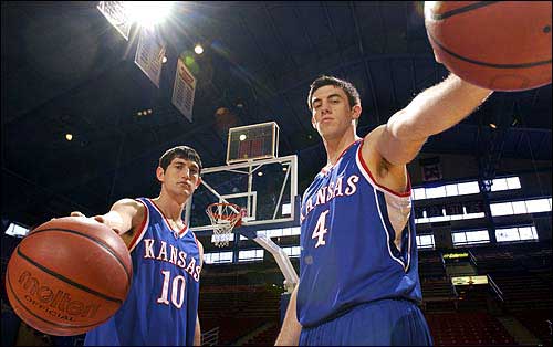 Former Kansas basketball players Kirk Hinrich, left, and Nick Collison were part of the 2002 Final Four team, which had 33 goals against 4 and 16-0 in the Big 12 match.