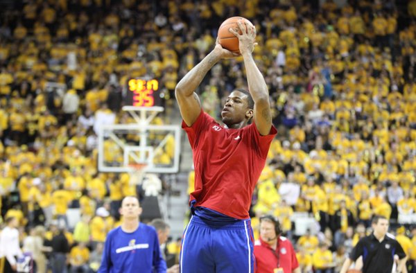 Kansas forward Thomas Robinson warms up with the Jayhawks before a packed Missouri student section prior to tipoff on Saturday, Feb. 4, 2012 at Mizzou Arena.