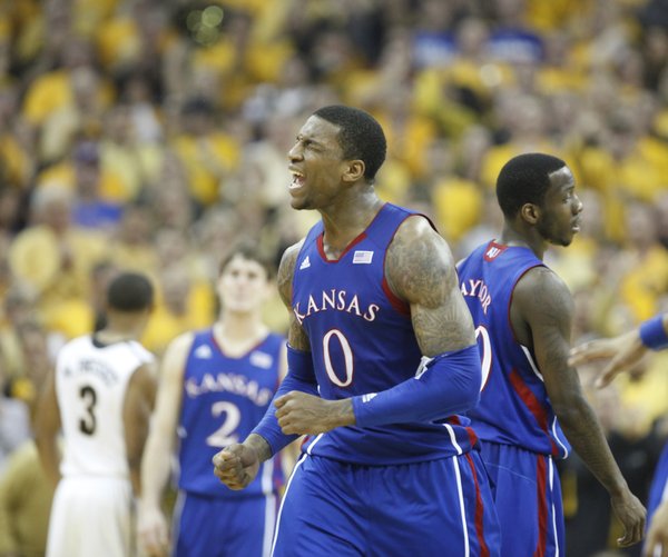 Kansas forward Thomas Robinson lets out a yell of frustration after a missed bucket and an offensive foul by the Jayhawks during the first half against Missouri on Saturday, Feb. 4, 2012 at Mizzou Arena.
