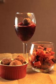 Made with wine just for Valentine's Day: Wine Truffles, Wine and Blueberry Granita and Roasted Pears and Sweet Potatoes with Spiced White Wine Sauce.