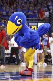 The Centennial Jay, or C Jay, is presented to the Allen Fieldhouse crowd during a timeout in the first half of the KU vs. MU men's basketball game on Saturday, Feb. 25. The mascot from 1912 is complete with shoes “for kicking opponents.”