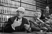 Former FBI officials, Mark Felt, left, and Edward S. Miller, appear at a news conference, April 15, 1981 after learning that President Reagan had pardoned them from their conviction of unauthorized break-ins during the Nixon administration's search for opponents during the Vietnam War. Felt is better known as Deep Throat, the anonymous source that helped two Washington Post reporters investigate the Watergate break-ins. A new book published by University Press of Kansas explains how Felt went from FBI company man to whistle-blower.
