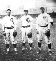 Early 20th Century Chicago Cubs players, from left, Joe Tinker, Johnny Evers and Frank Chance. The trio was well-known for their double-play abilities, with Tinker playing shortstop, Evers second base, and Chance first base. The three were also the subject of a well-known Franklin Pierce Adams 1910 poem "Tinker to Evers to Chance."
