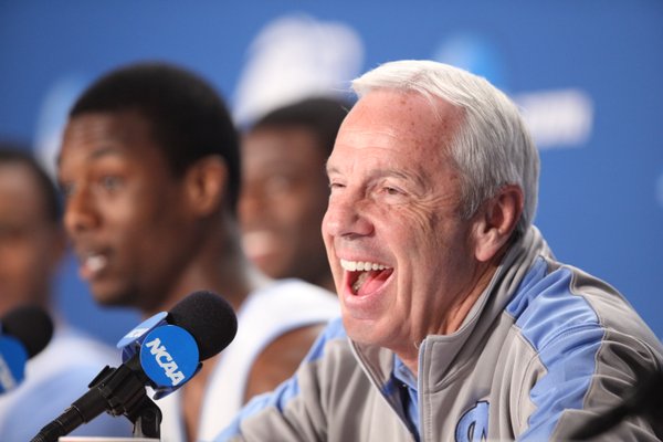 North Carolina head coach Roy Williams laughs as his players talk about video games during a press conference on Saturday, March 24, 2012 at the Edward Jones Dome in St. Louis.