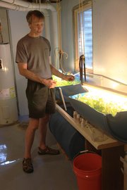 Kirk Devine, Lawrence, his growing system, which uses fish with recycled water to grow lettuce. Devine's garden is part of the annual Lawrence Food Garden Tour this Saturday, June 2.