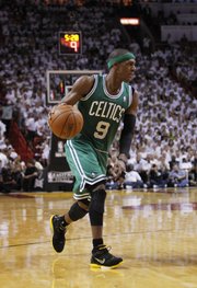 Boston Celtics’ Rajon Rondo (9) during the first half of Game 7 of the NBA basketball playoffs Eastern Conference finals against the Miami Heat, Saturday, June 9, 2012, in Miami.