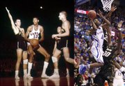 Current Kansas University forward Justin Wesley (4) will play KU legend Wilt Chamberlain (13) in an upcoming movie by Lawrence filmmaker and KU faculty member Kevin Willmott.