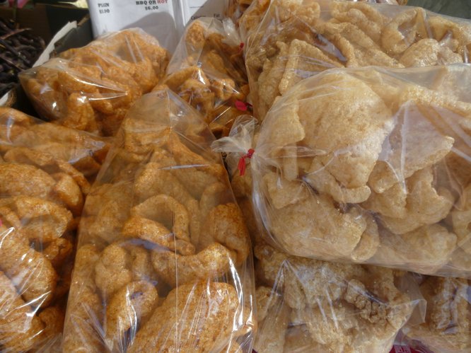 There's more than just fresh produce at Cottin's Hardware Farmers Market. Like these pork skins from Cook's BBQ - the perfect snack to have with that Free State beer!
