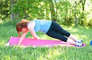 For the side plank twist, bring the top arm under the body and rotate. Hold for 5 seconds and return to start. Do 6 to 10 reps, then switch sides.