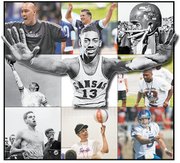 The Journal-World staff selections for greatest Kansas University athletes of all time are, clockwise from top left, Danny Manning, Ray Evans, Gale Sayers, Isaac Byrd, Todd Reesing, Lynette Woodard, Jim Ryun, Otto Schnellbacher and, in the center, unanimous pick Wilt Chamberlain.