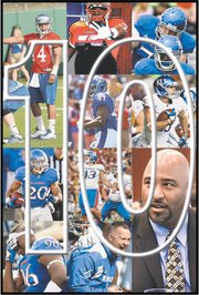 Ten things to keep an eye on this preseason: top row, from left, Michael Cummings and the backup quarterbacks; late arrivals by the likes of Ty McKinney; can Gavin Howard hold onto his right-guard spot; second row from left, Jimmay Mundine and the tight-end position; the health of Brandon Bourbon; third row, from left, D.J. Beshears and the rest of the wideouts; Ron Doherty and the kickers; defensive-line coach Buddy Wyatt and his new outlook; and, bottom row, the Jayhawks’ mental state; and their physical state under strength coach Scott Holsopple