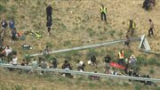 This photo from video provided by KSDK-TV NewsCenter5 in St. Louis, shows the scene near Litchfield, Ill., where a double-decker Megabus traveling from Chicago to Kansas City crashed into a concrete bridge pillar along Interstate 55 in southern Illinois. There was no immediate word of injuries in the Thursday afternoon wreck.