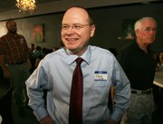 Tobias Schlingensiepen, Democratic candidate for Representative, 2nd District, at his election watch party at Serendipty in north Topeka, Kan. Tuesday night Aug. 7, 2012. Schlingensiepen defeated Lawrence attorney Robert Eye and Ottawa farmer Scott Barnhart, and will take on Rep. Lynn Jenkins in November.