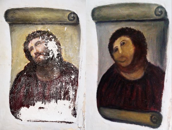 This combination of two undated handout photos made available by the Centro de estudios Borjanos shows the 20th century Ecce Homo-style fresco of Christ before (left) and after (right) an elderly amateur artist Celia Gimenez, 80, took it upon herself to restore it in the church of the northern Spanish agricultural town of Borja. The incident made national news and was an Internet trending topic Thursday Aug 23 2012 with some Twitter users dubbing it ‘Ecce Mono’, meaning ‘Behold the Monkey’ instead of ‘Behold Man.’ 