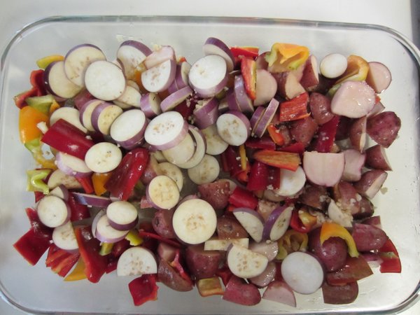 The veggies, before roasting. Note: We cooked the potatoes together with everything else. I've amended the recipe to accomodate better for the potatoes.