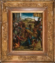 In devising his composition for “Christ Carrying the Cross,” Giorgio Vasari borrowed from several works, including this copy of Raphael’s “Lo Spasimo di Sicilia,” a reverse painting on glass that will be part of the Spencer Museum of Art’s Vasari exhibit.