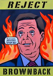 Artist Dave Loewenstein's painting of Gov. Sam Brownback was removed from a Topeka restaurant where it was on display. Loewenstein said removing the painting amounts to censorship, but the owners of the building that houses the Blue Planet Cafe say the image was taken down so as not to offend Brownback's daughter, Liz, who works there.