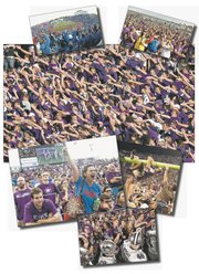 Though the Sunflower Showdown has seen some extremes even in just the past few years — like the then-record 51,821 fans in Memorial Stadium in 2006 (top left), to the turnout that dwindled to a mere handful at the end last season (top right) — one constant is the sea of purple (in 2009, main photo above) in Manhattan.
There were a few jubilant KU fans in Manhattan for a 30-24 Kansas win in 2007 (lower left). In 2004, the Jayhawk faithful tore down the goal posts after a 31-28 Kansas victory in Lawrence (middle right), but the K-State backers made themselves at home at Memorial Stadium after the Wildcats’ 59-7 win in 2010 in Lawrence (bottom right).