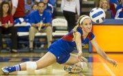 Kansas' Brianne Riley gets low to the court as she makes a dig during Kansas' volleyball match against Texas, Saturday, Nov. 10, 2012 at the Horejsi Center.