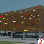 A concept rendering of how art glass panels could be added to the exterior of the propose city parking garage as part of the Lawrence Public Library expansion project.