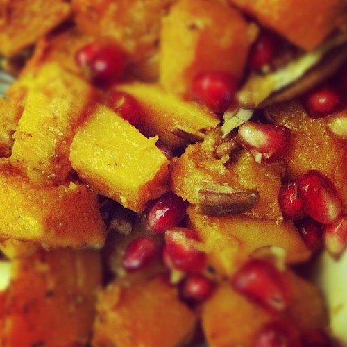 Roasted Butternut Squash with Pomegranate Seeds and Pecans.