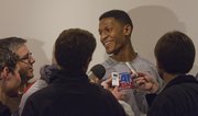 Kansas University freshman Andrew White III meets the press before practice on Monday, Dec. 17, 2012, at Allen Fieldhouse.