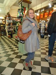 Emma Murano, Halstead. Clothing details: Coat, Target, a month ago, $60; bag, Nine West, TJMaxx, three years ago, gift; jeans, Plato’s Closet, two years ago, $8; boots, Steve Madden, a year ago, $40; earrings, Hobbs, two days ago, $60.