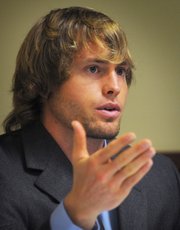 Former Kansas University running back Jake Sharp, shown in this Oct. 19, 2012, file photo at the Bicentennial Center, is helping to bring arena football to his native Salina.