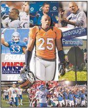The 2012 Kansas University football season was short on wins but long on drama. Some of the top stories of the season were, clockwise from top left: The dismissal of several players, including running back Darrian Miller; the team’s classroom success under new coach Charlie Weis; the hiring of Dave Campo as defensive coordinator; tributes to Don Fambrough; the euphoria of a season-opening win over South Dakota State; the excellence of running back James Sims; a losing streak that hit 11 games with the season-finale at West Virginia; a bumper crop of juco standouts; the surprise departure of defensive back Tyler Patmon; and, at center, the monster season by the Denver Broncos’ Chris Harris.