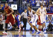 Kansas guard Ben McLemore celebrates a bucket next to Iowa State guard Chris Babb as the Jayhawks make a run during the second half on Wednesday, Jan. 9, 2013 at Allen Fieldhouse.