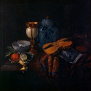 "Still-life with Violin and Engraving of Arcangelo Corelli," a circa-1730 Dutch painting, is among artworks featured in the Spencer Museum of Art&squot;s "Empire of Things" exhibit. A display of blue-and-white ware, decorated in the style of the pictured ceramic vessel, is expected to be installed in a case next to the painting.