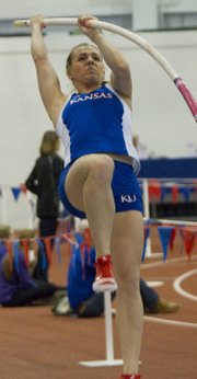 Kansas University's Natalia Bartnovskaya competes in the pole vault during the 2103 Jayhawk Challenge indoor track meet on Friday, Jan. 11, 2013, in Anschutz Pavilion on KU's campus.