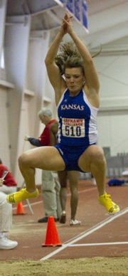 Kansas University's Andrea Geubelle competes in the long jump during the 2103 Jayhawk Challenge indoor track meet on Friday, Jan. 11, 2013, in Anschutz Pavilion on KU's campus.