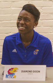 Kansas University's Diamond Dixon responds to a question during track and field media day on Thursday, Jan. 17, 2013, at Allen Fieldhouse.