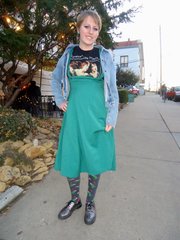 Cleo Lemaster, Lawrence. Clothing details: Jacket, hand-me-down from my mom, a couple months ago, free; shirt, Florence and the Machine concert, 2011, $20; jumper, ModCloth, last week, $90; socks, a present, earlier this week; tights, Forever 21, last month, $6; shoes, Dr. Martens, August 2012, $120.