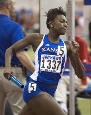 Kansas University track star Diamond Dixon runs in the 4x400 event at the Jayhawk Classic on Friday, Jan. 25, 2013, at Anschutz Pavilion.