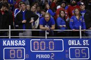 Kansas fans watch above the final score as the Jayhawks leave the court on Saturday, Feb. 2, 2013 at Allen Fieldhouse.