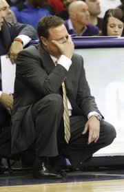 Bill Self reacts to the Jayhawks play in second-half action of the Jayhawks 62-55 loss to Texas Christian University, Wednesday at TCU in Ft. Worth, TX.