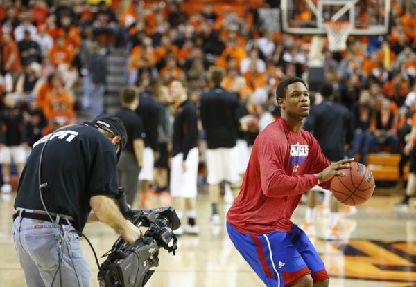 Kansas guard Ben McLemore gets some attention from the ESPN cameras prior to tipoff against Oklahoma State on Wednesday, Feb. 20, 2013 at Gallagher-Iba Arena in Stillwater, Oklahoma.