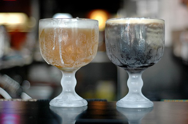 Schooners of beer (Bud Light, at left, and Free State Ad Astra Ale) at Louise's Downtown, 1009 Massachusetts St.