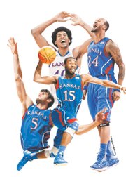 Four Kansas University seniors — Kevin Young, top left; Travis Releford (24); Elijah Johnson (15); and Jeff Withey (5) — will make their final Allen Fieldhouse appearances tonight.