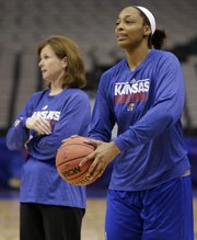 Kansas forward Carolyn Davis, right, prepares to shoot as KU coach Bonnie Henrickson oversees practice Thursday in Dallas.