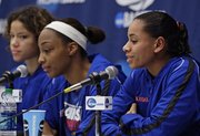 Kansas' Angel Goodrich, right, takes questions alongside Monica Engelman, left, and Carolyn Davis during a news conference one day before a second-round game against South Carolina in the NCAA women's college basketball tournament, Sunday, March 24, 2013, in Boulder, Colo.