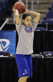 Kansas guard Angel Goodrich (3) passes the ball during practice for their NCAA college basketball tournament regional semifinal in Norfolk, Va., Saturday, March 30, 2013.