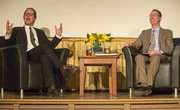 Pulitzer Prize winning journalist Tony Horwitz, left and Kansas University professor of history Jonathan Earle discuss John Brown Thursday evening at Liberty Hall. The talk, presented by the Lawrence Public Library, was part of the 1863 Commemorate Lawrence year-long observance of the 150th anniversary of Quantrill’s Raid.