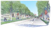 This rendering from the planning firm Hanbury Evans Wright Vlattas and Co. shows how KU's Jayhawk Boulevard could look after a reconstruction project scheduled for the next four summers. This eastward view from in front of Strong Hall shows a possible bike lane through the center of the road, as well as a re-created canopy of trees planted between the curb and sidewalk on either side. Such a canopy of elm trees was once present in the middle of the 20th Century, before disease largely wiped it out.