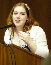 Kansas University junior Hannah Sitz speaks at an April 7 KU Honors Program gathering after being surprised with the announcement that she had won a Harry S. Truman Scholarship. Sitz is the 17th KU student to be named a Truman Scholar and one of 62 winners around the U.S. for 2013.