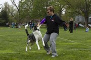 Kim Rice tries to pry the Frisbee away from her dog Buddy, a Texas heeler, so that she can complete another throw during a competition at South Park Sunday afternoon.