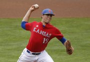 Kansas starting pitcher Frank Duncan delivers to Oklahoma in the championship game of the Big 12 tournament on Sunday, May 26, 2013, in Oklahoma City. OU won, 7-2.